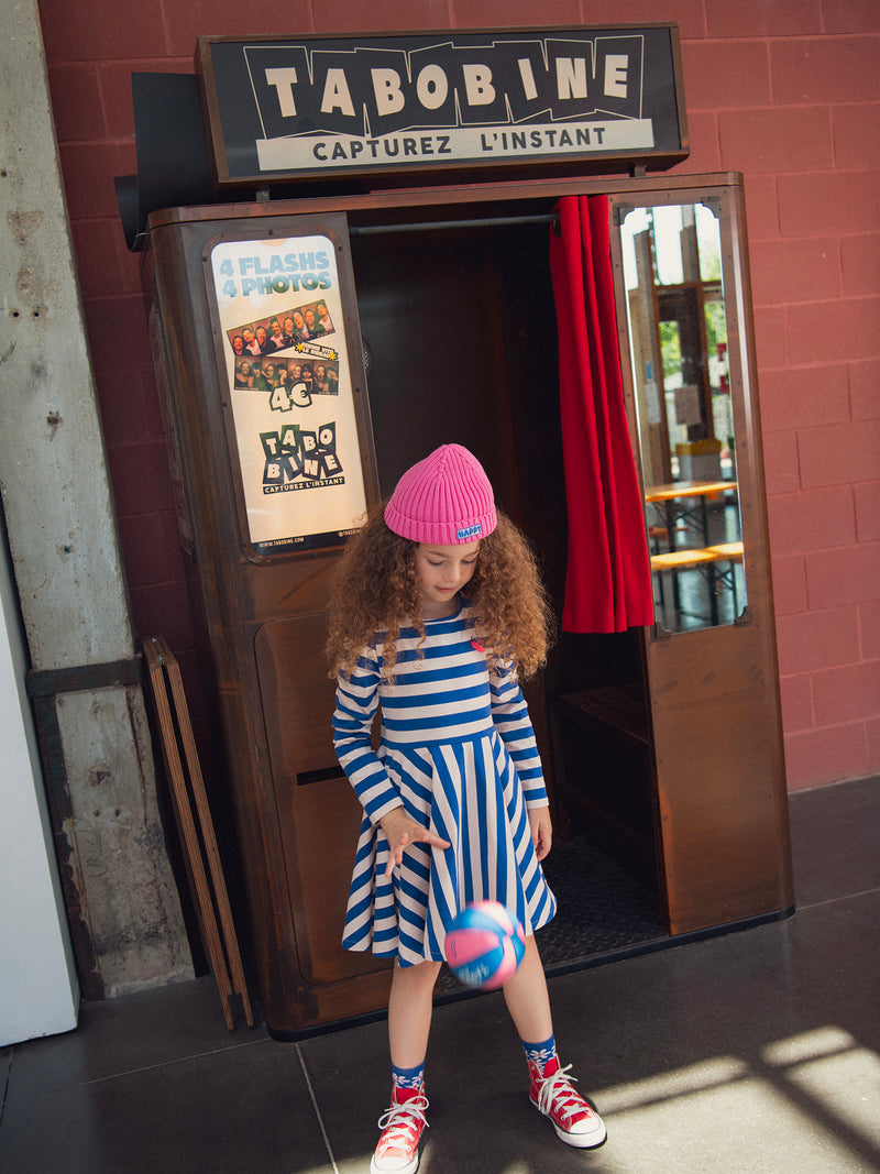 Vestido a rayas rosas y azules para niña