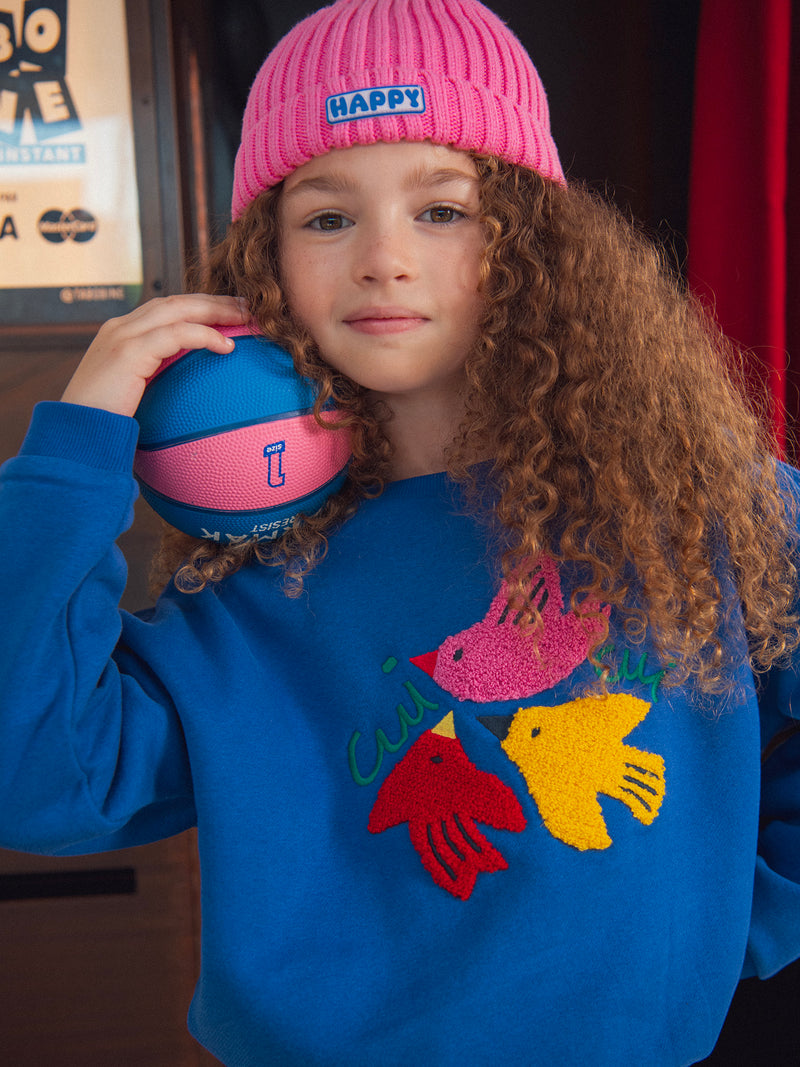 Sudadera azul con animación de pájaros para niñas