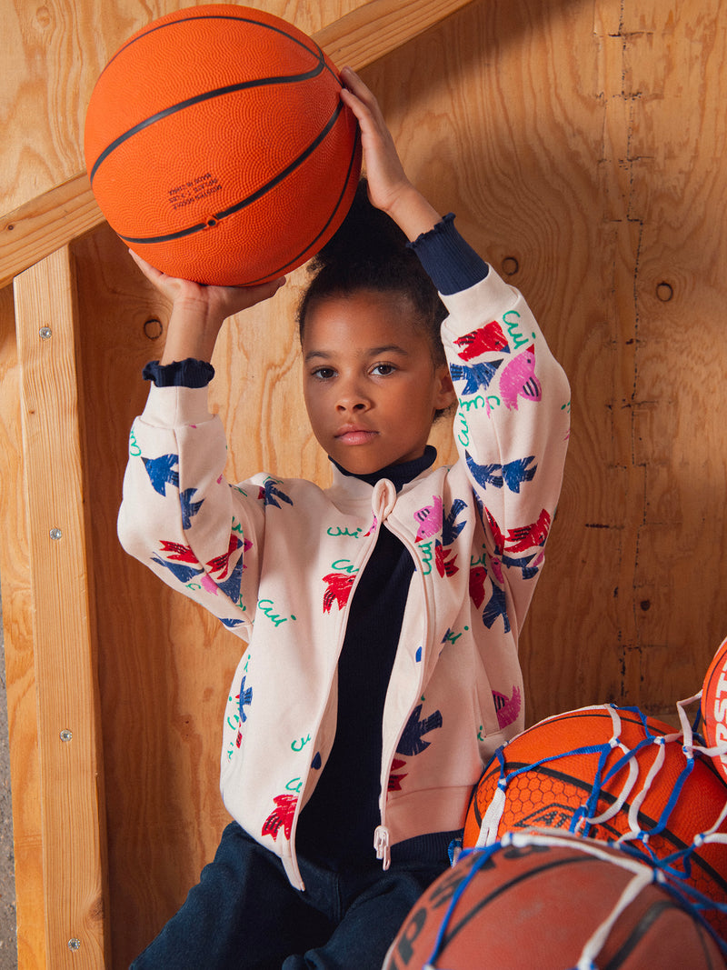 Cárdigan reversible rosa con estampado de pájaros para niña