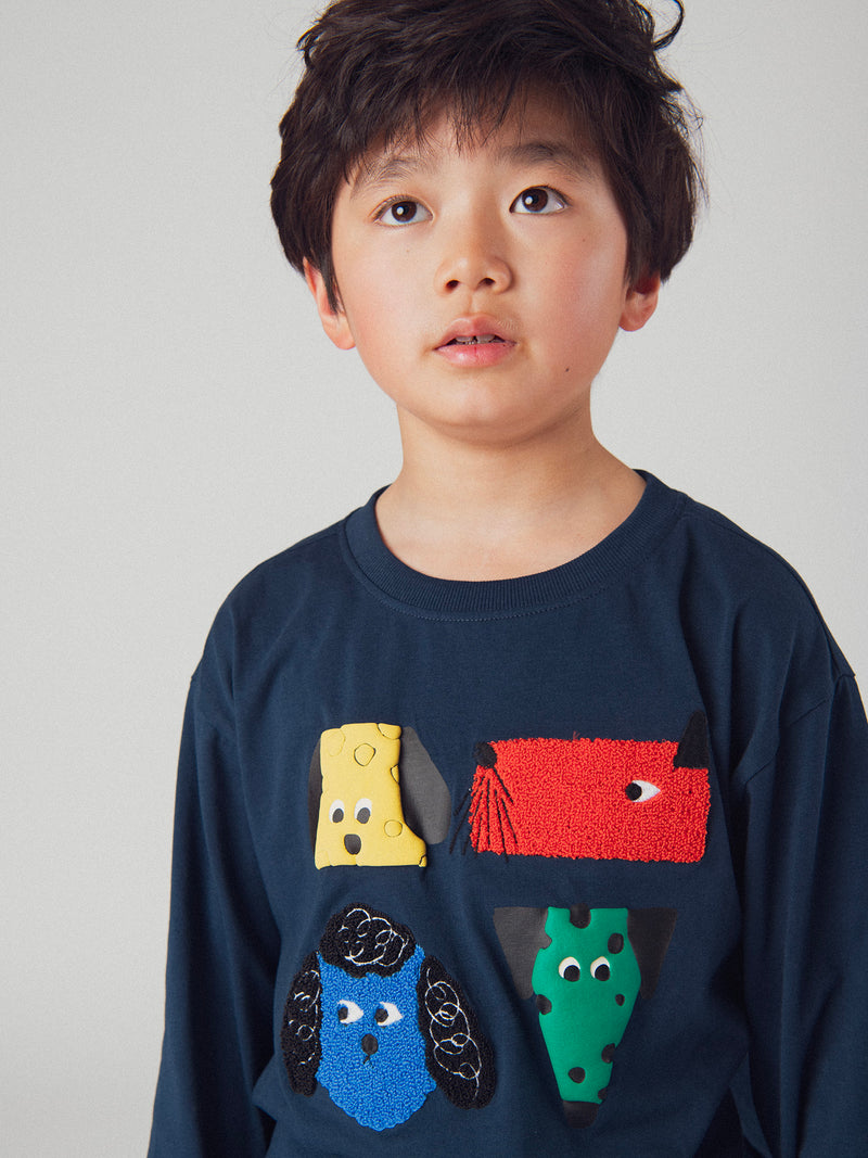 Camiseta marina con animación de cabezas de perros para niños