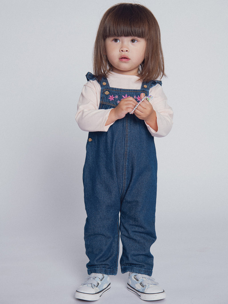 Mono de denim bordado "ARTY SCHOOL" para bebé niña