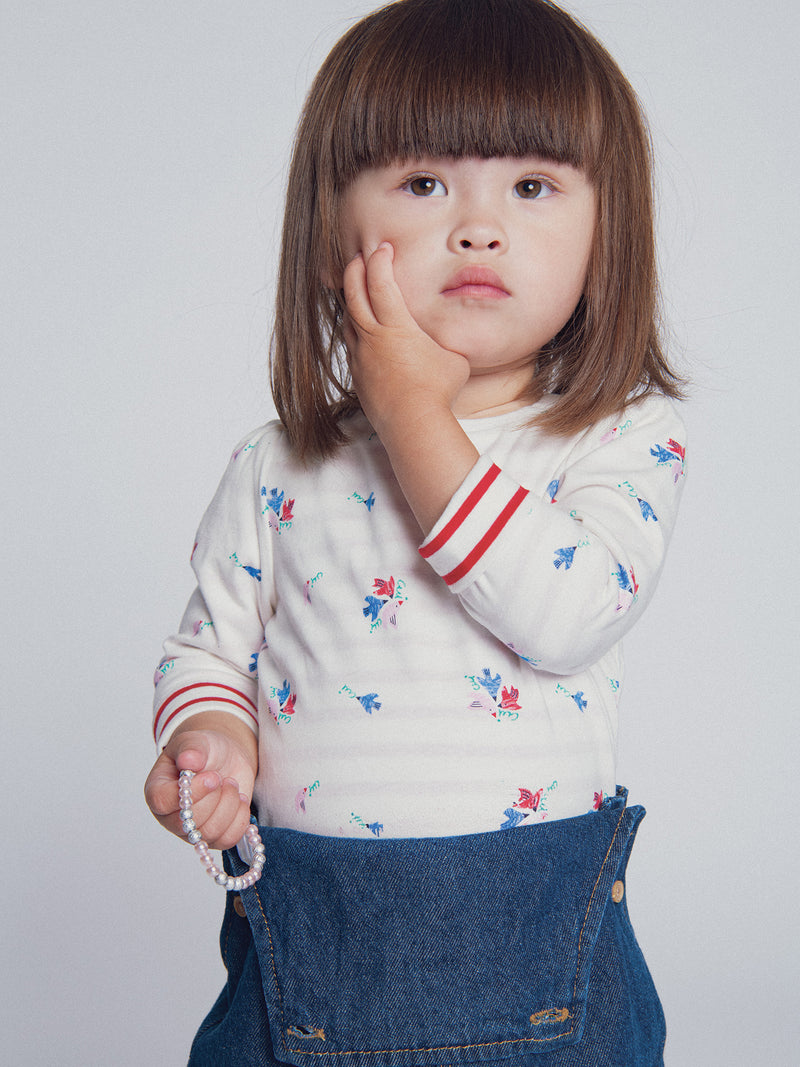 Camiseta reversible ecru y rayada "ARTY SCHOOL" para bebé niña