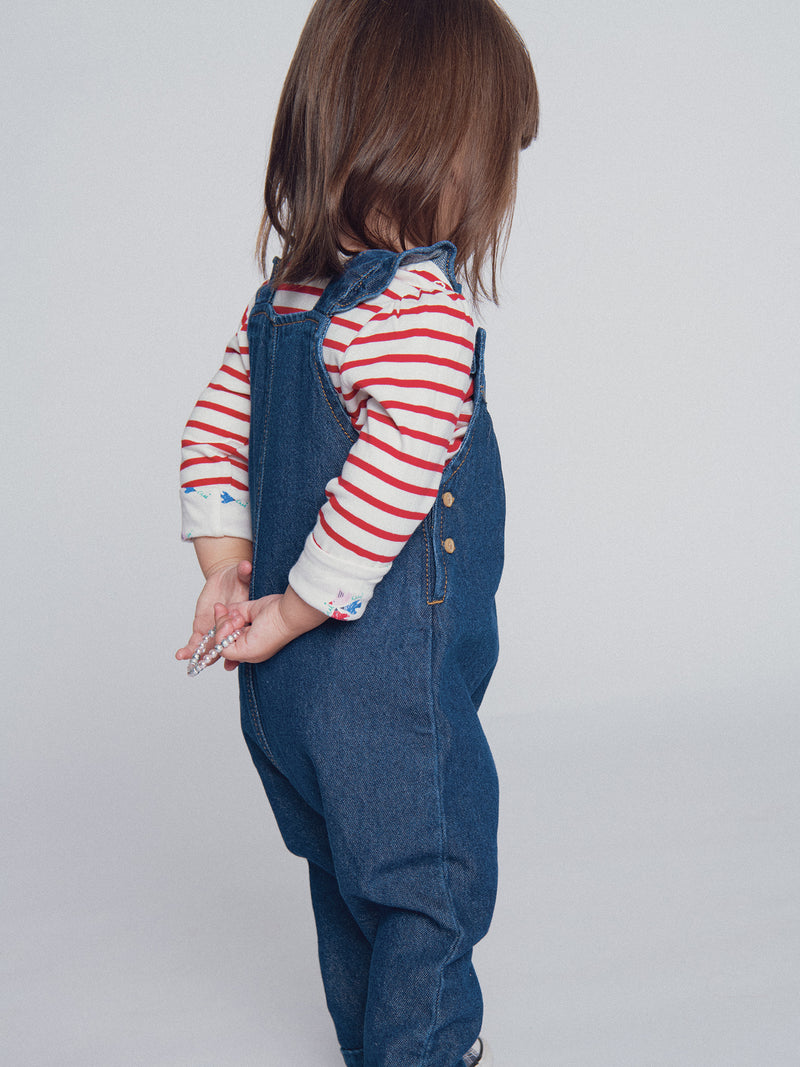 Mono de denim bordado "ARTY SCHOOL" para bebé niña