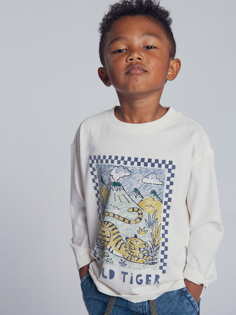 Camiseta de manga larga ecru con animación de tigre para niño
