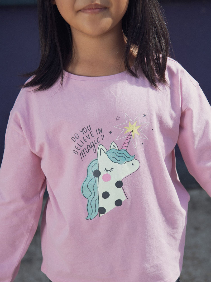T-shirt rose animation licorne pour fille