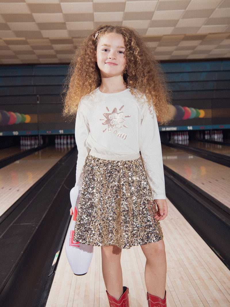 T-shirt écru animation à sequins doré pour fille
