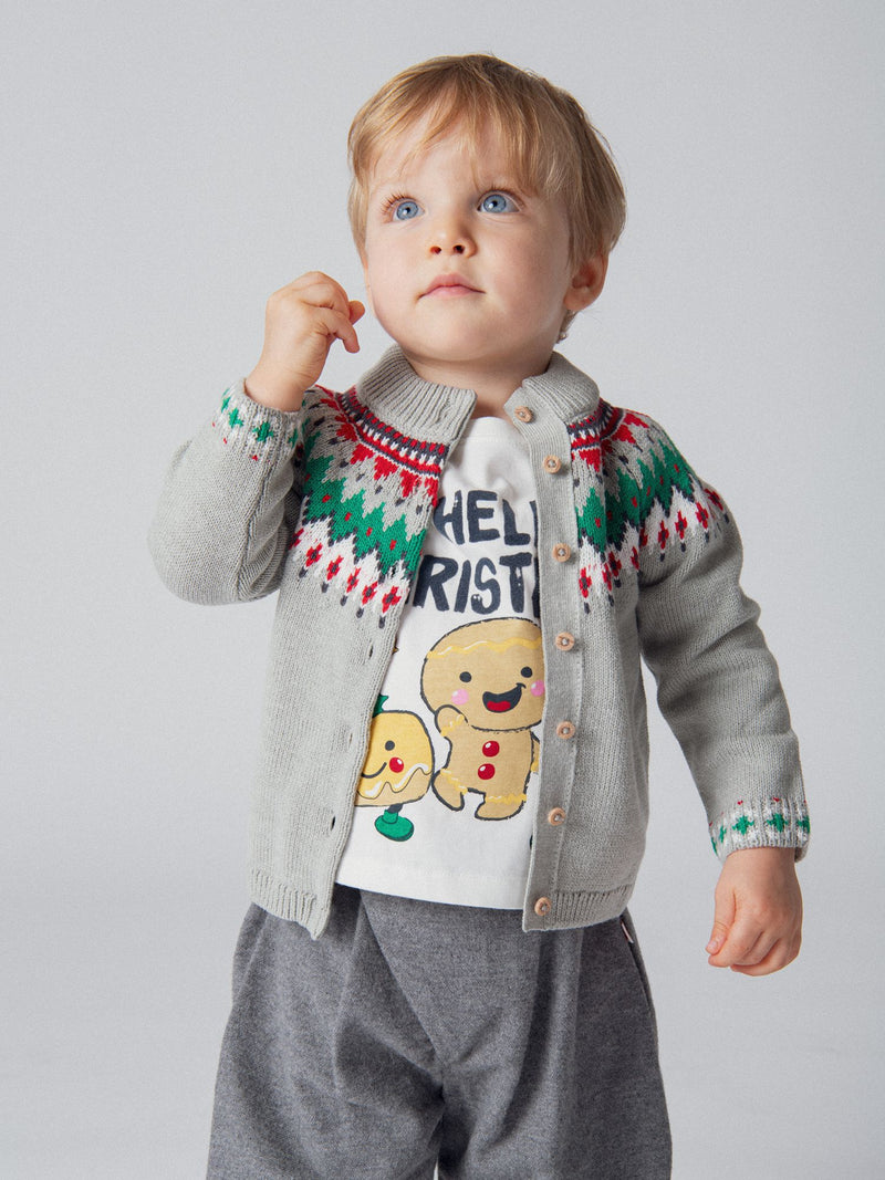 Gilet en maille jacquard gris chiné à col doublé sherpa pour bébé garçon
