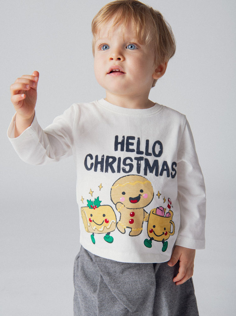 T-shirt manches longues en jersey peau de pêche écru avec motif festif pour bébé garçon