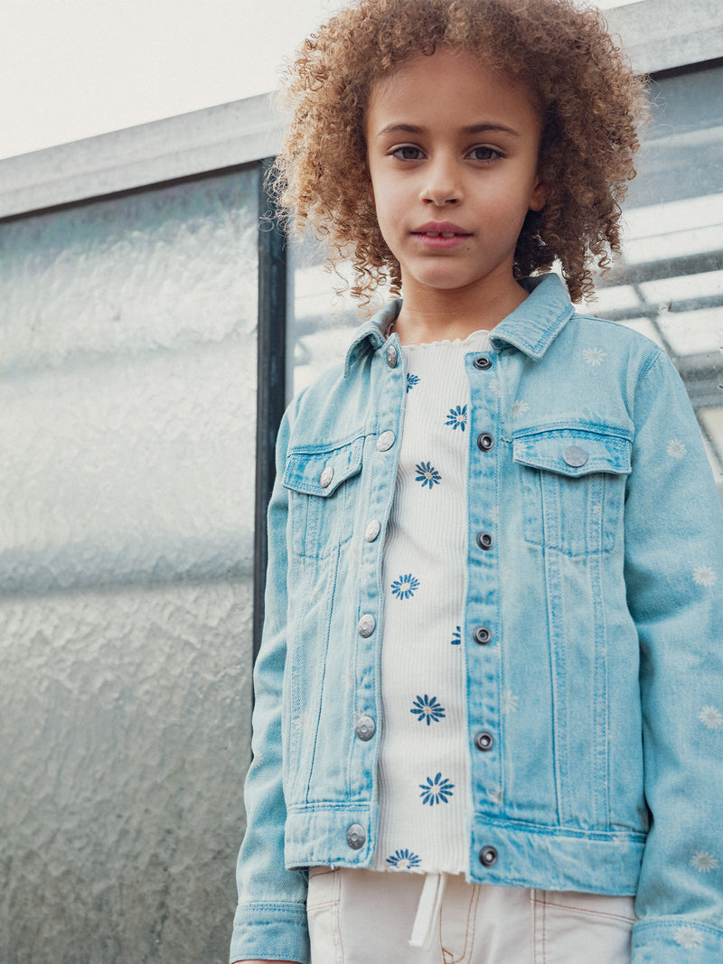 Chaqueta de Denim Claro con Bordado de Flores para Niñas