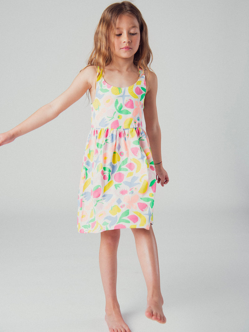 Vestido de tirantes con estampado de frutas multicolores para niña