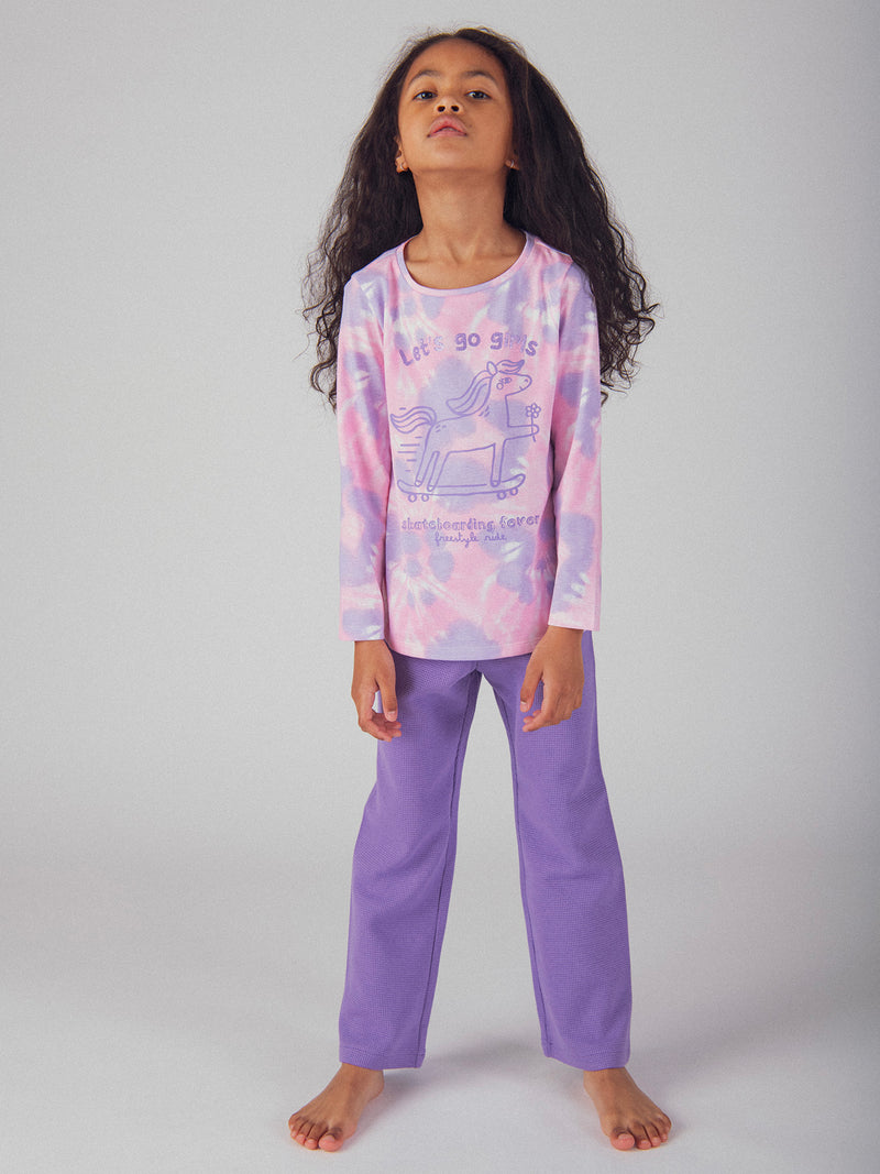 Pijama Tie-Dye Violeta con Motivo 'Pony Skateboarding Fever' para Niña