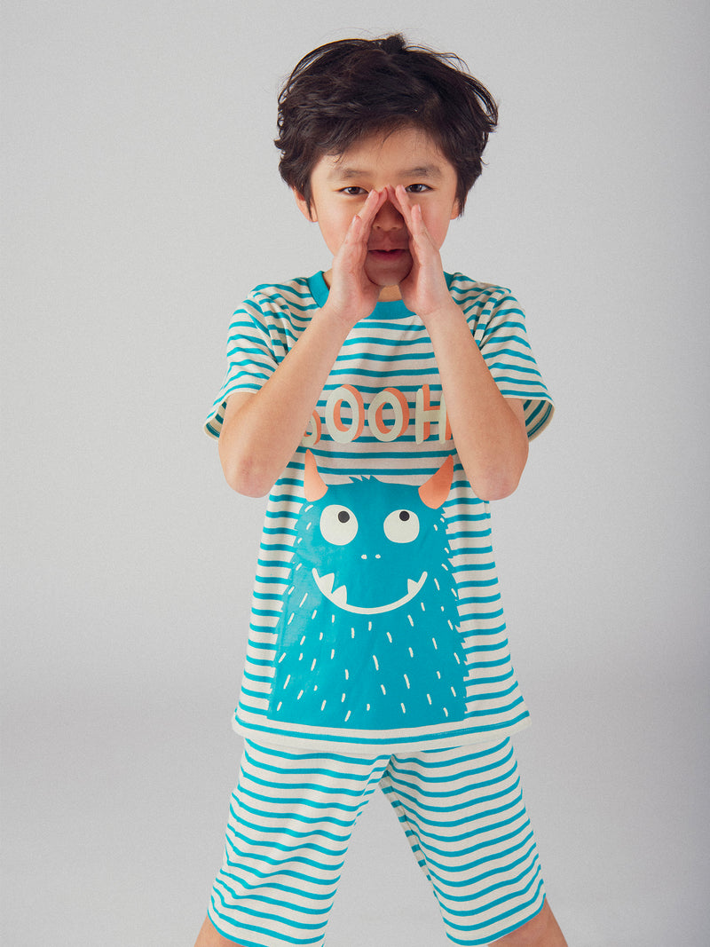 Pijama corto fosforescente a rayas con diseño de "Monstruo Divertido" para niño