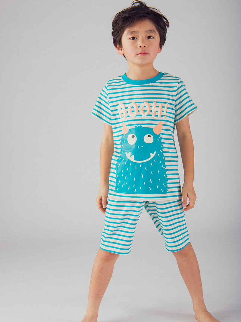 Pijama corto fosforescente a rayas con diseño de "Monstruo Divertido" para niño