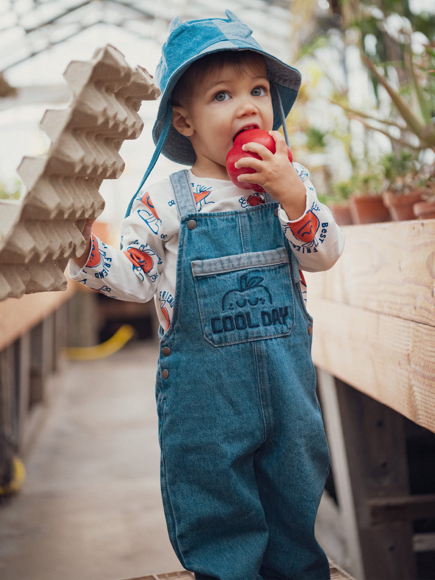 Salopette bleu bicolore motif pomme pour bébé garçon