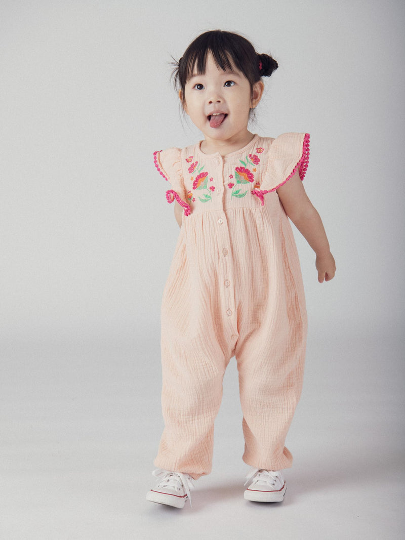 Pijama rosa empolvado con volantes y bordado de "FLORES" para bebés niñas
