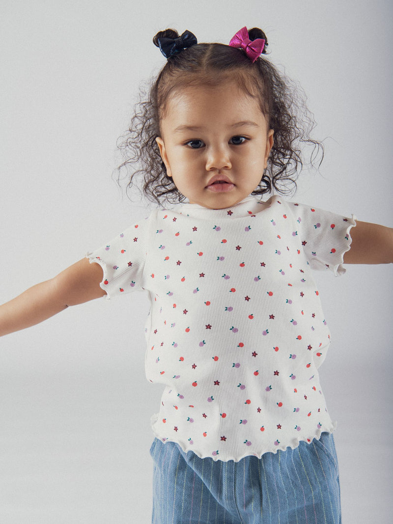 T-shirt blanca de manga corta con estampado floral integral para bebés niñas