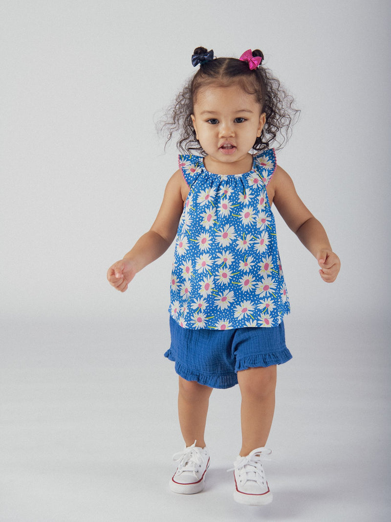 Conjunto Azul con Flores y Pantalones Cortos Únicos para Bebés Niñas