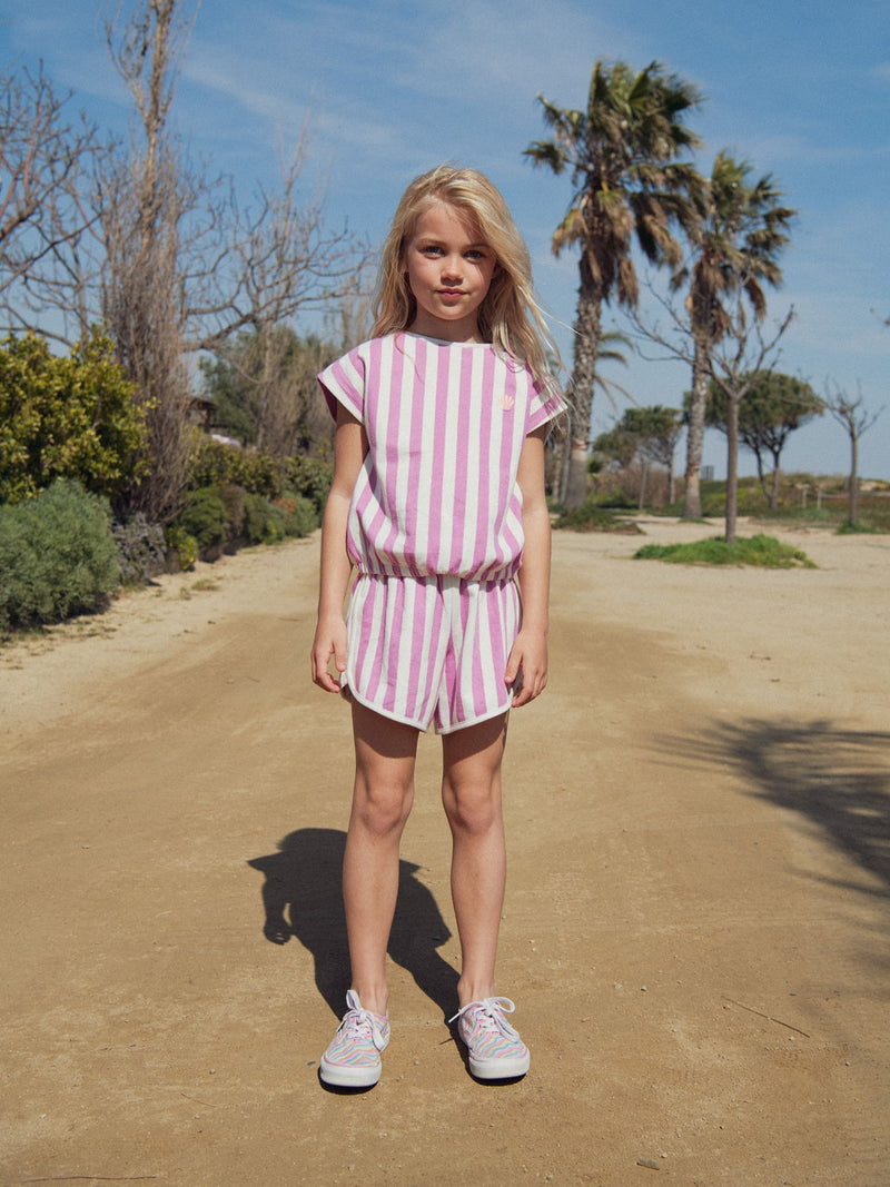 Camiseta a Rayas Rosa y Ecru para Niña