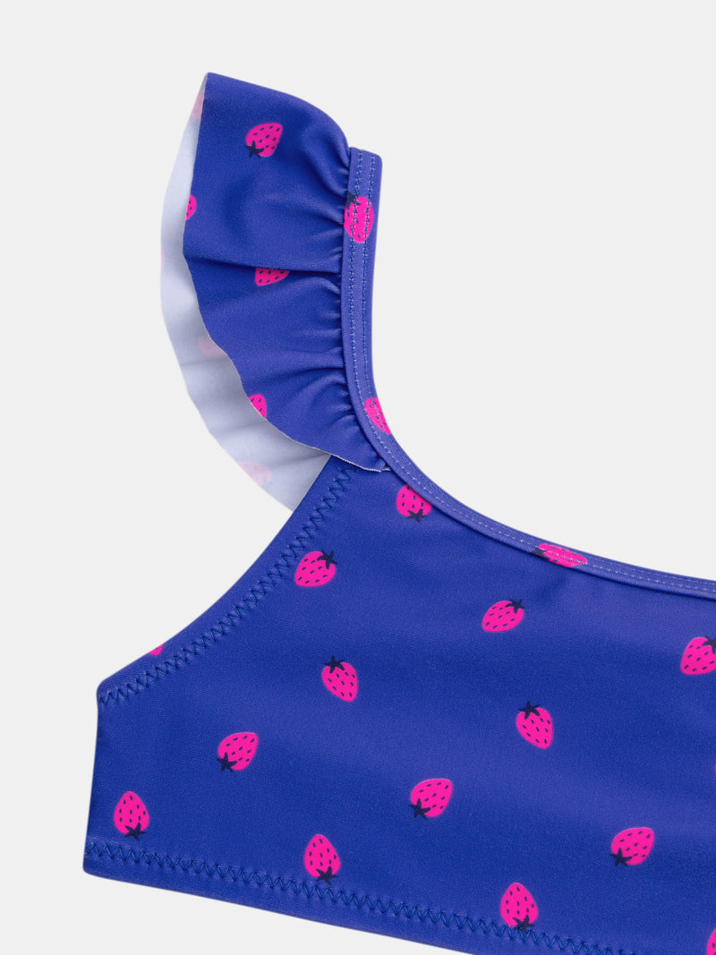 Bañador azul de 2 piezas con estampado de fresas para niña.PRODUCT