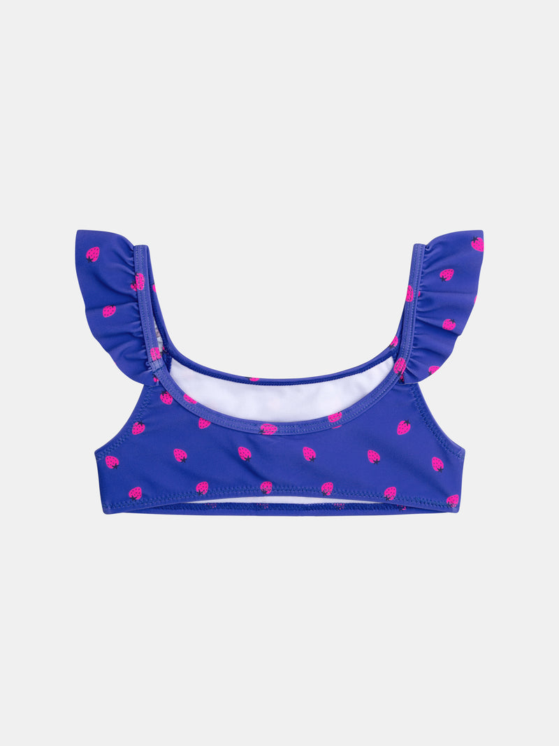 Bañador azul de 2 piezas con estampado de fresas para niña.PRODUCT