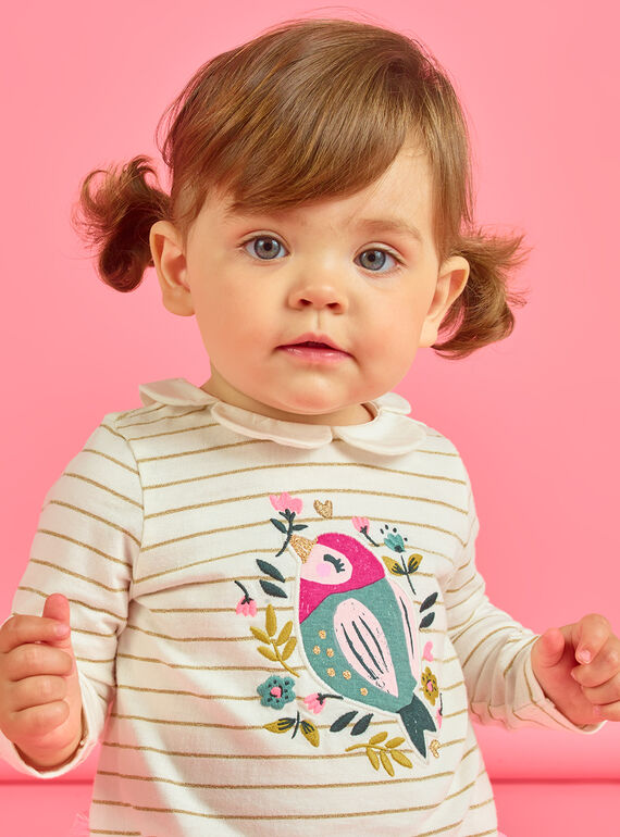 Camiseta de rayas con estampado de pájaro y flores para bebé niña MIKABRA / 21WG09I1BRA001