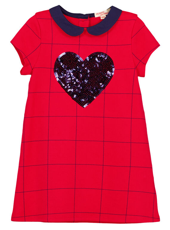 Vestido de manga corta de cuadros con cuello Peter Pan y un corazón de lentejuelas brillantes bordado. GAJOROB5 / 19W90144D2F050