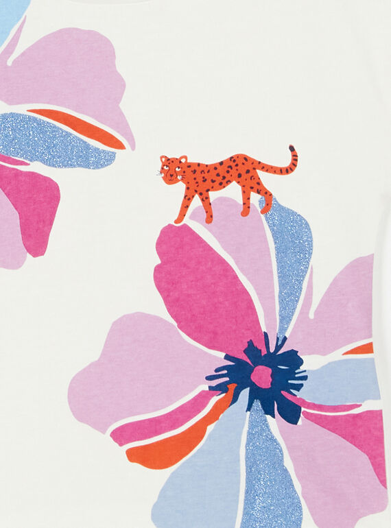 Camiseta de algodón, de color crudo y rosa, con estampado floral y de leopardo LABLETI / 21S901J1TMC001