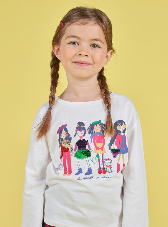 Camiseta de manga abombada de color crudo con estampado de lentejuelas reversibles para niña MAMIXTEE4 / 21W901J5TML001