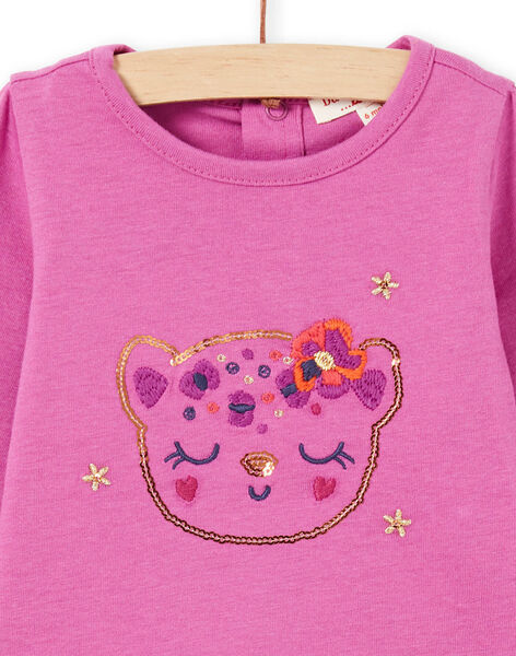 Camiseta de manga larga de color rosa con estampado de cara de leopardo con brillo para bebé niña MIPATEE2 / 21WG09H3TMLH705