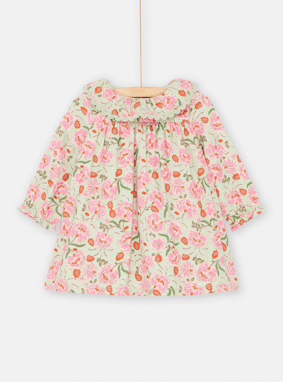 Vestido verde y rosa de twill con estampado de flores para bebé niña SIVERROB1 / 23WG09J1ROB631