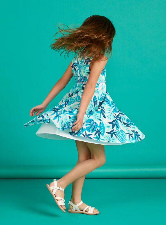 Vestido blanco y azul con estampado de hojas para niña LAVEROB3 / 21S901Q1ROB001