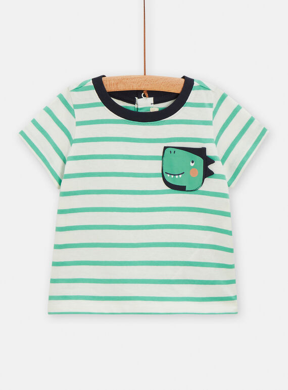 Camiseta de color crudo y verde de rayas con dibujo de dinosaurio para bebé niño TUJOTI3 / 24SG10D3TMC003