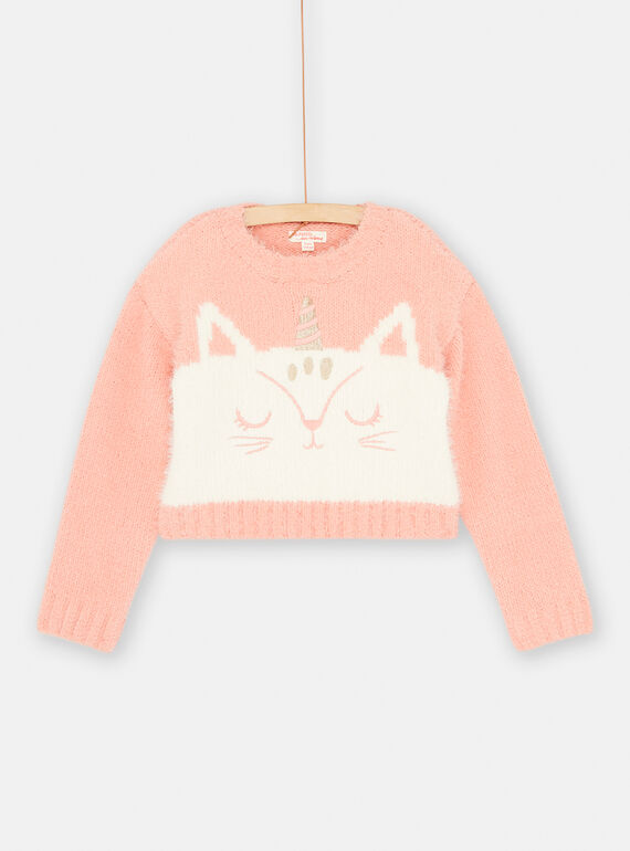 Jersey de color salmón y crudo con estampado de gato unicornio para niña SADUPULL / 23W901P1PUL401