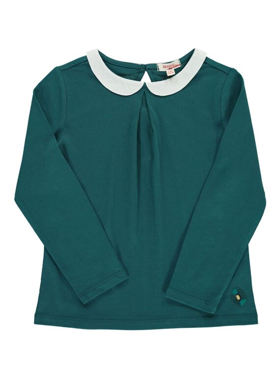 Girls' peacock blue T-shirt with a Peter Pan collar DAJOBRAS2 / 18W90132D3A714