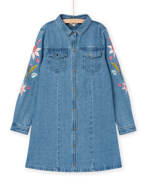 Vestido vaquero azul con bordado floral en las mangas RAMAGROB3 / 23S901T2ROBP272