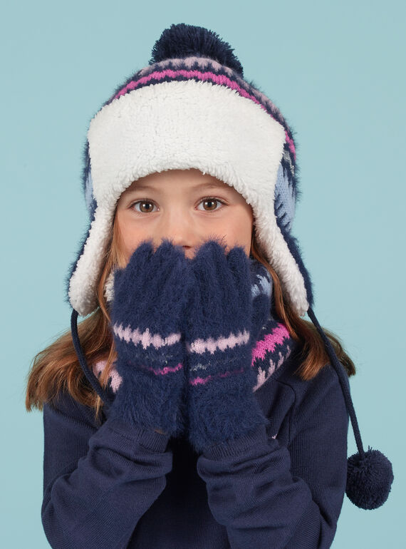 Guantes azules de pelo artificial con estampado de punto jacquard para niña MYAPLAGAN / 21WI0161GANC202