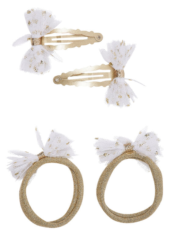 Pack de 2 gomas para el pelo con brillo y flores de gasa blanca + 2 pinzas doradas con flores y gasa blanca  Spray de brillo de color dorado en la gasa JYASOCLIC2 / 20SI0181BRTK008