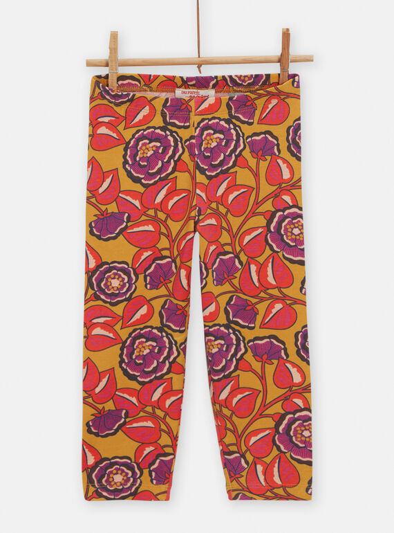 Leggings de color miel con estampado de flores para niña TYALILEG / 24SI01T1CAL107