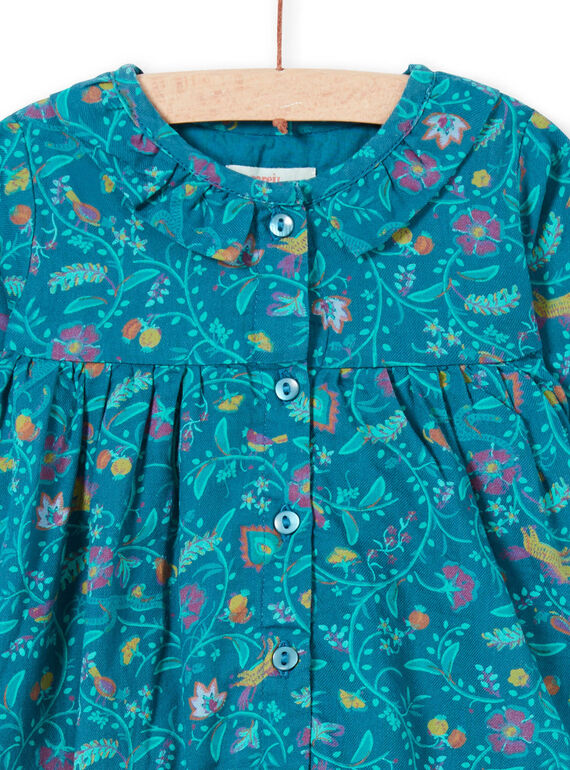 Vestido de manga larga de color azul pato con estampado floral para niña MITUROB1 / 21WG09K3ROB714
