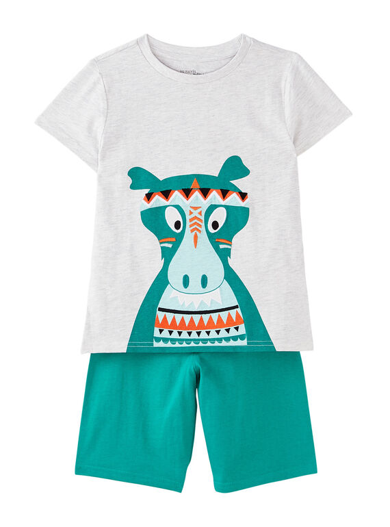 Pijama corto con estampado de dinosaurio de color gris jaspeado y verde para niño JEGOPYCINDI / 20SH12UAPYJJ920