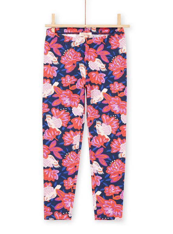 Leggings de color azul marino con estampado de pájaros y floral colorido para niña MYAPALEG / 21WI01H1CALC205