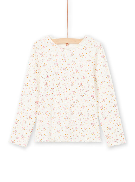 Camiseta de canalé de manga larga de color crudo con estampado floral para niña MAJOUTEE4 / 21W90128TML001