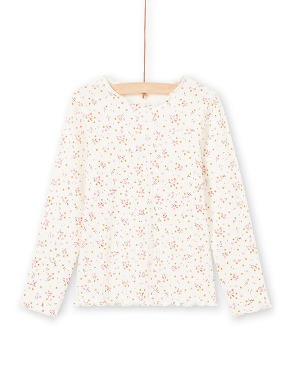 Camiseta de canalé de manga larga de color crudo con estampado floral para niña MAJOUTEE4 / 21W90128TML001
