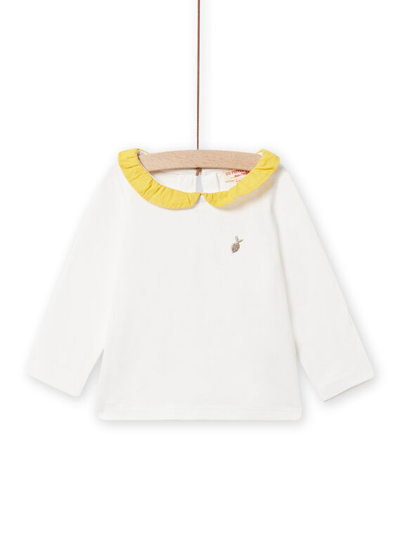 Camiseta de color crudo con cuello avolantado amarillo mimosa para bebé niña NIJOBRA1 / 22SG0974BRA001