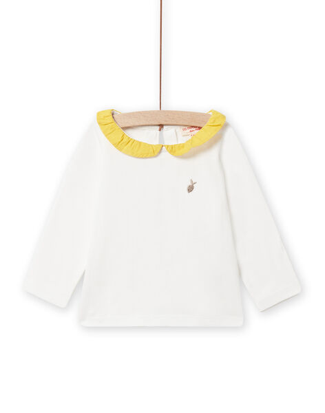 Camiseta de color crudo con cuello avolantado amarillo mimosa para bebé niña NIJOBRA1 / 22SG0974BRA001