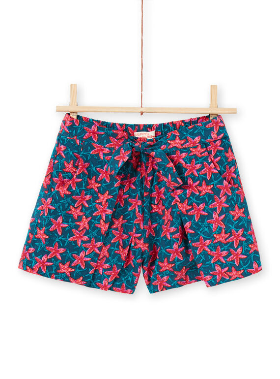 Short de color azul pato y rojo con estampado de estrella de mar para niña LABONSHORT2 / 21S901W3SHO716