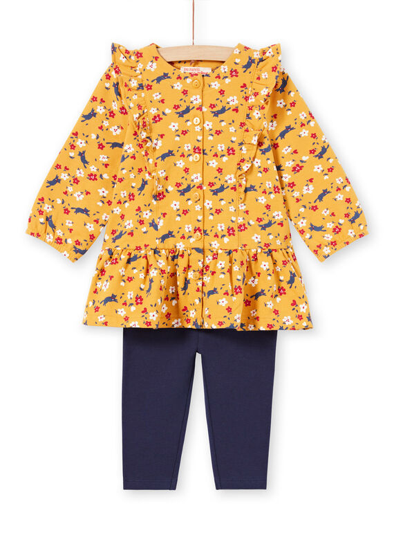 Vestido amarillo mostaza con estampado floral y leggings de color azul marino para bebé niña MIMIXENS / 21WG09J1ENSB106
