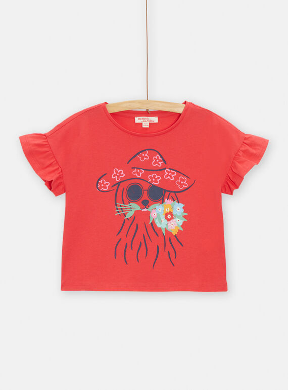 Camiseta de color rojo con estampado de perro con flores para niña TACLUTI4 / 24S901O1TMCF506