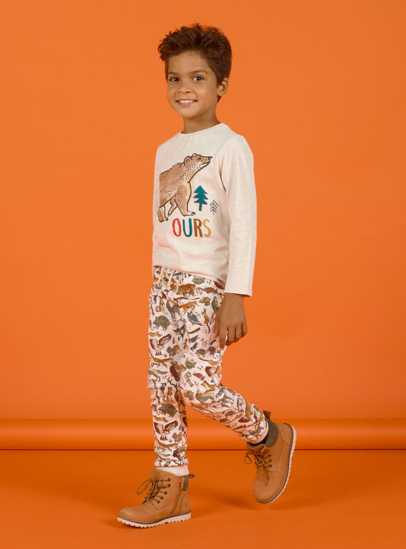 Pantalón de chándal de color beige jaspeado con estampado animal para niño MOSAUJOG / 21W902P1JGBA013