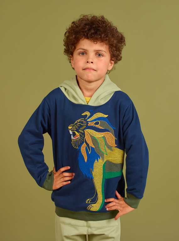 Sudadera con capucha de color azul noche con estampado de león para niño MOKASWE / 21W902I1SWE705